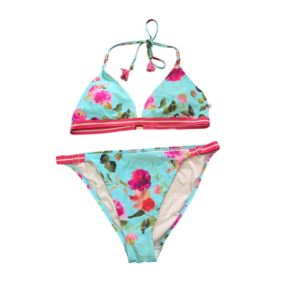 Nanette Lepore Franchesca Silk Blossoms Bikini Size 12 Blue Pink